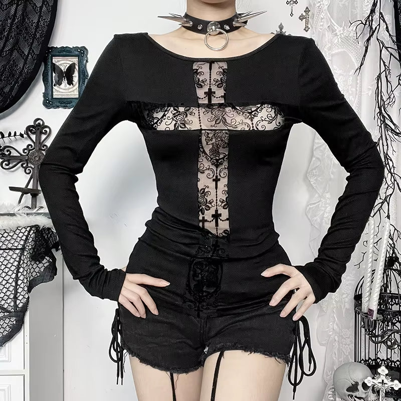 GothDark Sexy Lace Patchwork Cross Long Sleeve Pullover T-Shirts Cyber Y2K Women Streetwear Mall Gothic Slim Tops Alt T-Shirt