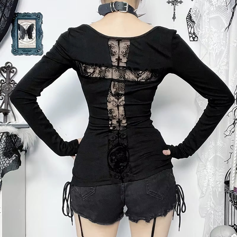 GothDark Sexy Lace Patchwork Cross Long Sleeve Pullover T-Shirts Cyber Y2K Women Streetwear Mall Gothic Slim Tops Alt T-Shirt