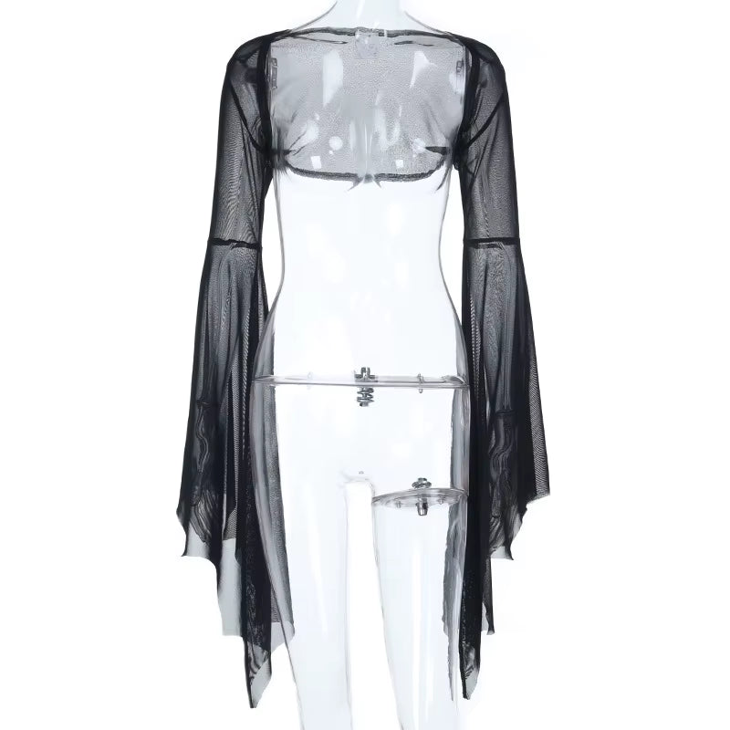 GothDark Mall Gothic Mesh See through Crop Shrug Tops Women Chic Coat Techwear Y2K Grunge Batwing Sleeve Sunscreen Smock Blouse