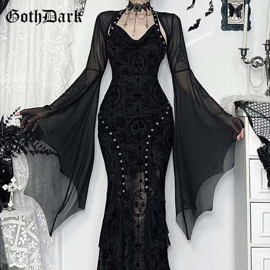 GothDark Mall Gothic Mesh See through Crop Shrug Tops Women Chic Coat Techwear Y2K Grunge Batwing Sleeve Sunscreen Smock Blouse