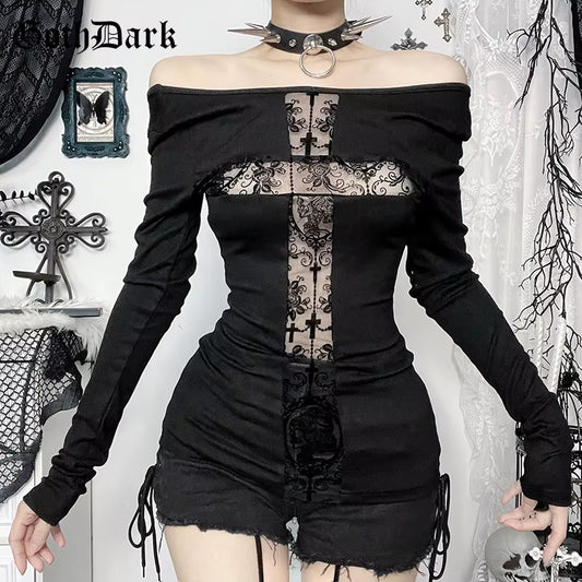 GothDark Sexy Lace Patchwork Cross Long Sleeve Pullover T-Shirts Cyber Y2K Women Streetwear Mall Gothic Slim Tops Alt T-Shirt