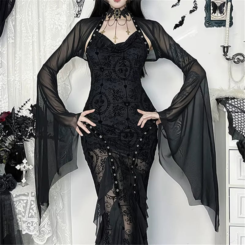 GothDark Mall Gothic Mesh See through Crop Shrug Tops Women Chic Coat Techwear Y2K Grunge Batwing Sleeve Sunscreen Smock Blouse