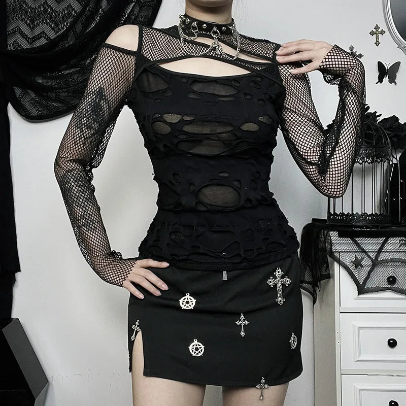 GothDark Frayed Mall Gothic Hollow Out T-Shirts Grunge Punk Fishnet Patchwork Women Blouses Sexy Long Sleeve Alt Streetwear Top