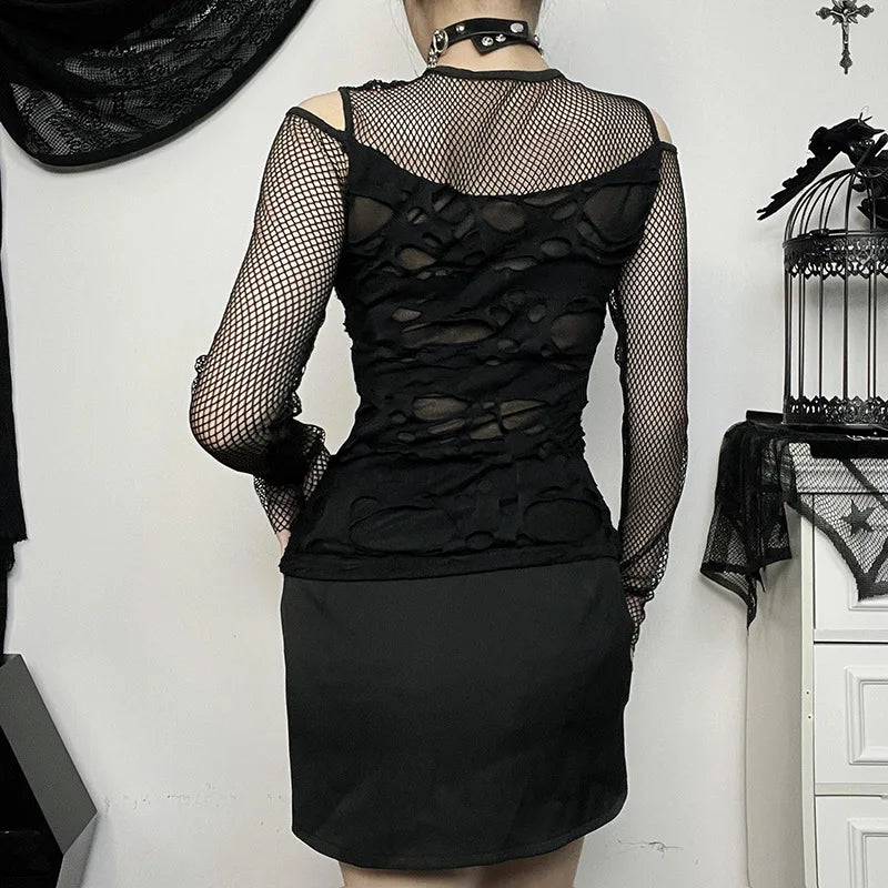 GothDark Frayed Mall Gothic Hollow Out T-Shirts Grunge Punk Fishnet Patchwork Women Blouses Sexy Long Sleeve Alt Streetwear Top