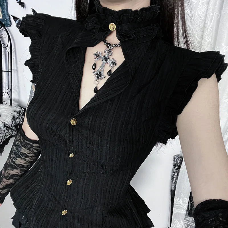 GothDark 90S Grunge Single Breasted Slim Waist Shirt Blouses Women Alt Techwear Mall Gothic Stringy Selvedge Sleeveless Shirts