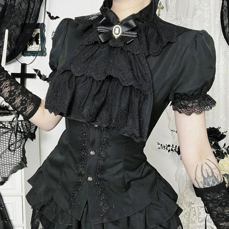 GothDark Harajuku Fashion Short Sleeve Lace Patchwork Shirts Women Alt Techwear Mall Gothic Button Slim Blouse Shirt Cute Tops