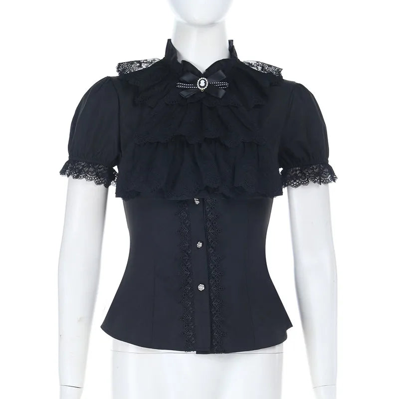 GothDark Harajuku Fashion Short Sleeve Lace Patchwork Shirts Women Alt Techwear Mall Gothic Button Slim Blouse Shirt Cute Tops