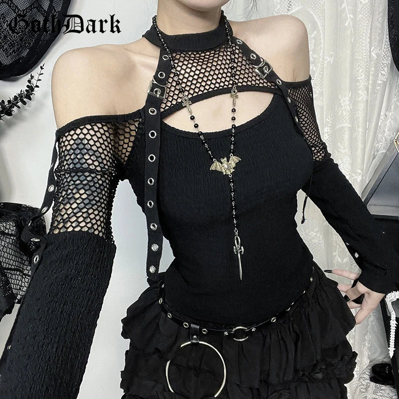 GothDark Punk Grunge Fishnet Patchwork off Shoulder T-Shirts Trim Corn Strap Halter Tops Autumn Mall Gothic Streetwear T-Shirt