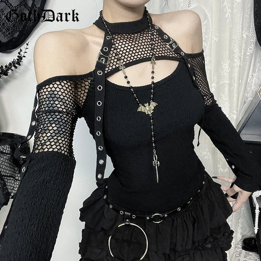GothDark Punk Grunge Fishnet Patchwork off Shoulder T-Shirts Trim Corn Strap Halter Tops Autumn Mall Gothic Streetwear T-Shirt