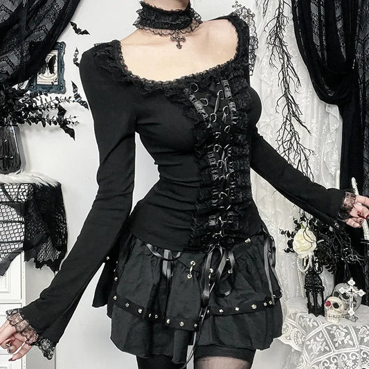 GothDark Elegant Fashion Lace Side Patchwork Long Sleeve Tops T-Shirts Mall Gothic Bandage Blouse Slim T-Shirt Women Techwear