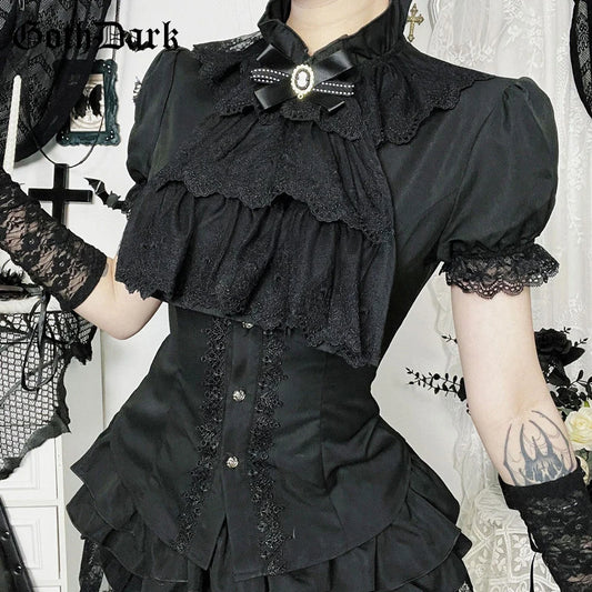 GothDark Harajuku Fashion Short Sleeve Lace Patchwork Shirts Women Alt Techwear Mall Gothic Button Slim Blouse Shirt Cute Tops