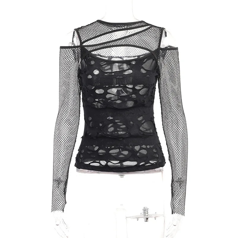GothDark Frayed Mall Gothic Hollow Out T-Shirts Grunge Punk Fishnet Patchwork Women Blouses Sexy Long Sleeve Alt Streetwear Top