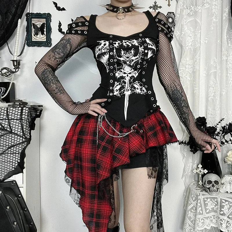 GothDark Mall Gothic Fishnet Stitch Long Sleeve T-Shirt Women Alt Techwear Punk Grunge Corn Print T-Shirts Chic Streetwear Tops