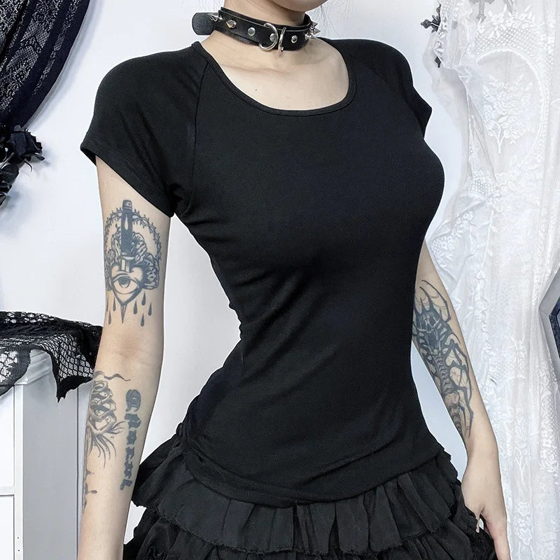 GothDark Gothic Fashion Backless Sheer Printed T-Shirt Women O-Neck Tees Streetwear Grunge Sexy Mesh T-Shirts Slim Alt Tops Y2K