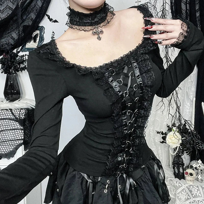 GothDark Elegant Fashion Lace Side Patchwork Long Sleeve Tops T-Shirts Mall Gothic Bandage Blouse Slim T-Shirt Women Techwear