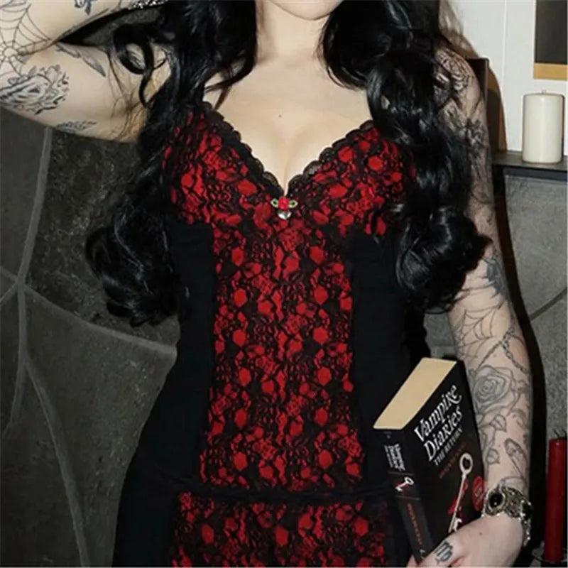 GothDark Mall Gothic Spaghetti Strap Tanks Top Hot Sexy V-Neck Lace Patchwork Camisole Basic Slim Vests Summer Techwear Women