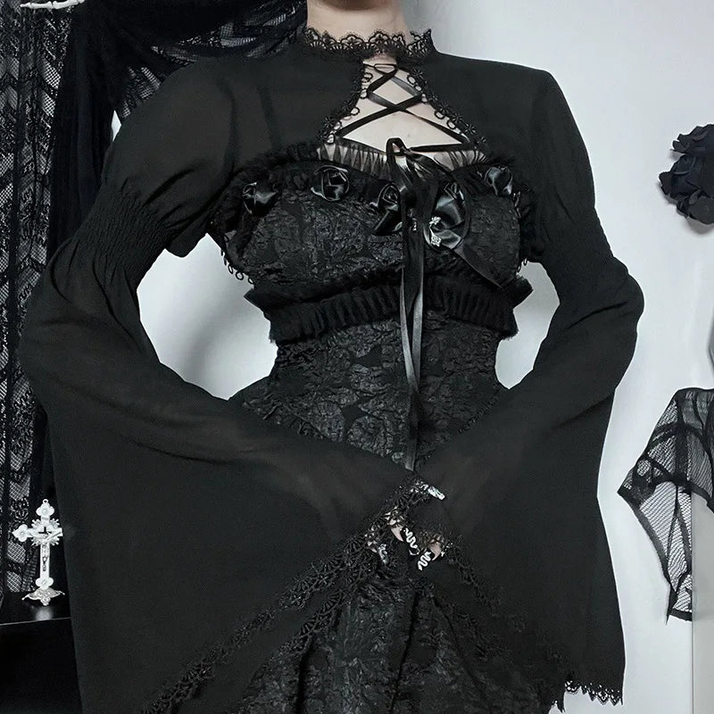 GothDark Elegant Lace up Mall Gothic Crop Shrug Tops Grunge Chiffon Flare Sleeve Blouses Female Black Emo Alternative Cover Up