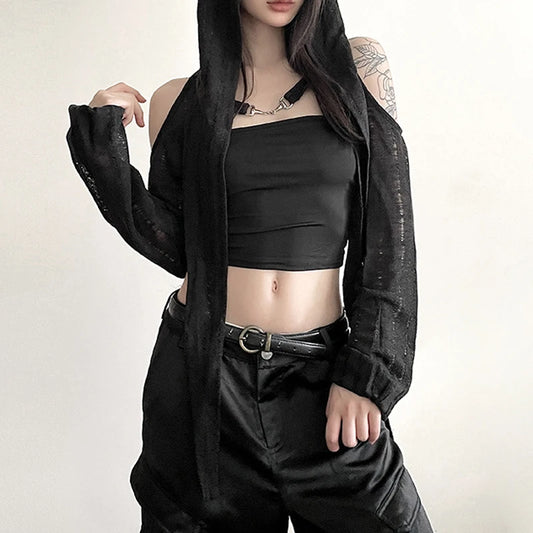 GothDark Open Shoulder Techwear Y2K Crop Cardigans Mall Gothic Hooded Sexy Women Crop Tops Punk Grunge Buckle Streetwear Shirts