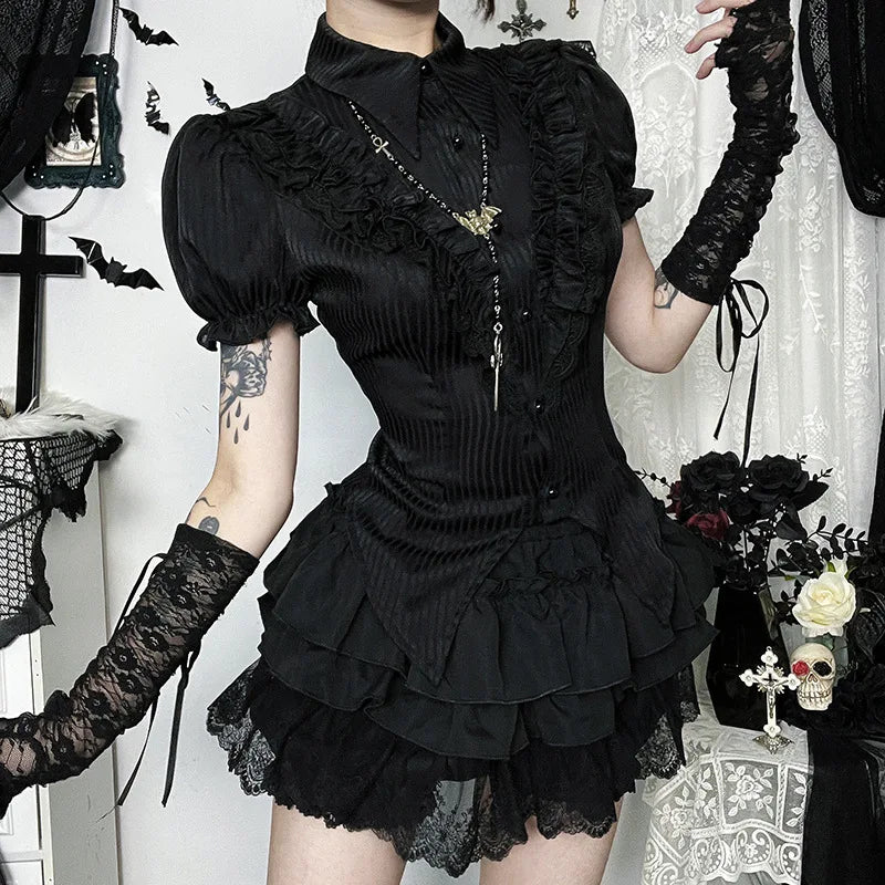 GothDark Kawaii Black Short Sleeve Buttons Shirt Lace-Up Blouses Mall Gothic Slim Lapel Collar Stripe Shirts Women Alt Techwear