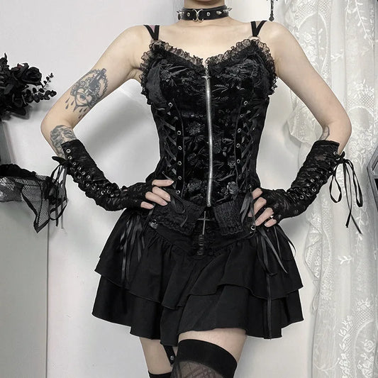 GothDark Mall Goth Spaghetti Strap Tank Top Women Cyber Y2K Fashion Lace Patchwork Jacquard Camis Sexy Bandage Crop Tops Zip