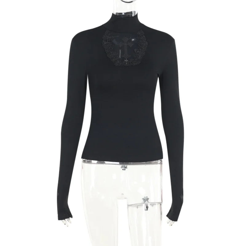 GothDark Elegant Fashion Mesh Patchwork Cross T-Shirts Mall Goth Slim Turtleneck Pullovers Tops Women 90S E-Girl Sheer T-Shirt