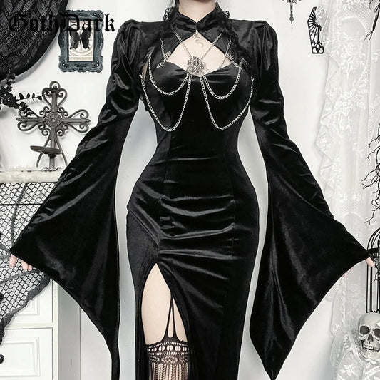 GothDark Flare Sleeve Lace up Crop Shrug Tops Elegant Velvet Chain Short Smock Coats Mall Gothic Women Slim Blouse Streetwear
