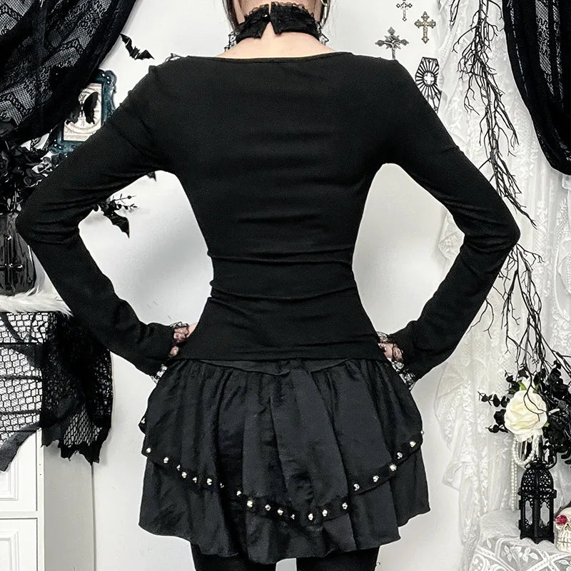 GothDark Elegant Fashion Lace Side Patchwork Long Sleeve Tops T-Shirts Mall Gothic Bandage Blouse Slim T-Shirt Women Techwear