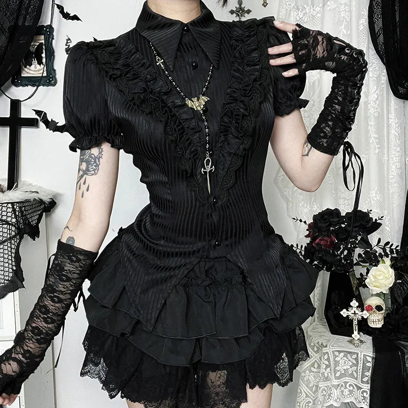 GothDark Kawaii Black Short Sleeve Buttons Shirt Lace-Up Blouses Mall Gothic Slim Lapel Collar Stripe Shirts Women Alt Techwear