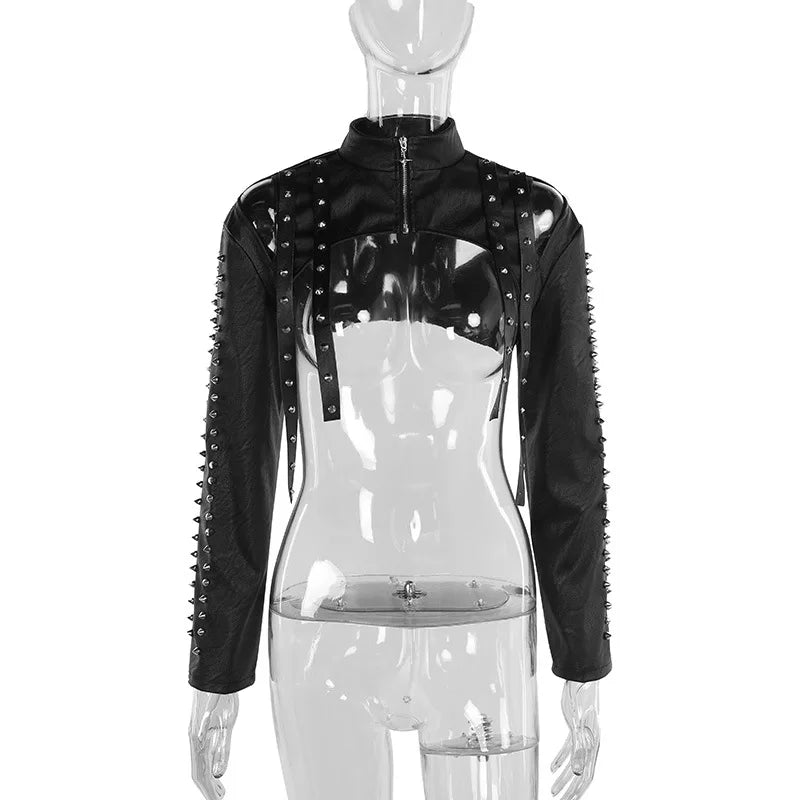 GothDark Faux Pu Leather Long Sleeve Crop Shrug Tops Grunge Women Rivet Zip Coats Chic Streetwear Jackets Mall Gothic Smock Top