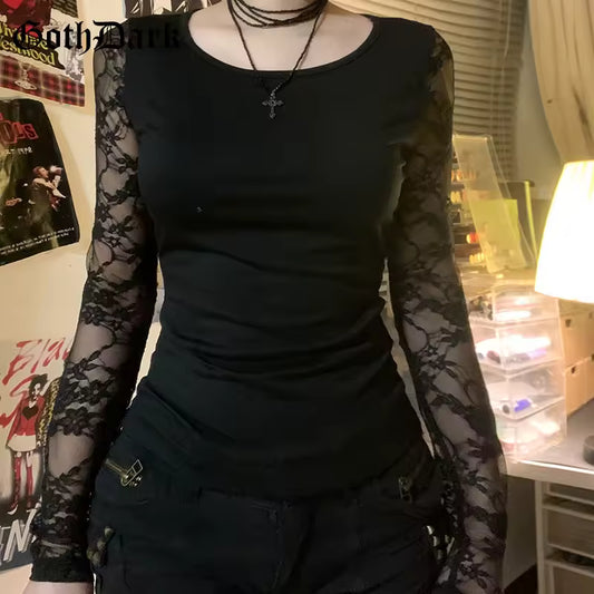 GothDark Mall Goth Solid Lace Patchwork Long Sleeve T-Shirts Cyber Y2K O-Neck Sheer Back Slim Tops Women Techwear Basic T-Shirt