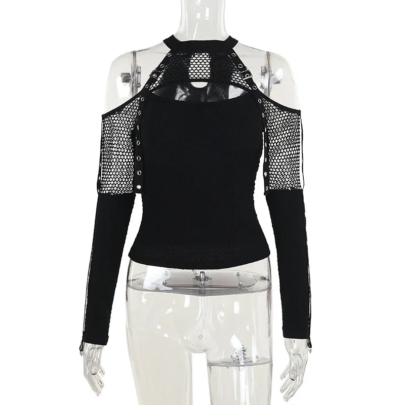 GothDark Punk Grunge Fishnet Patchwork off Shoulder T-Shirts Trim Corn Strap Halter Tops Autumn Mall Gothic Streetwear T-Shirt