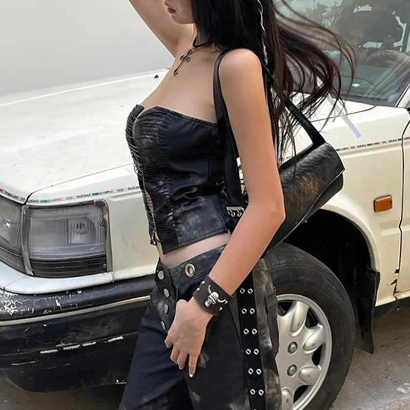 GothDark Punk Grunge Strapless Tight Tupe Tops Women Summer Retro Cropped Vest 90S Sexy Hollow Out Tanks Top Gothic Alt Clothes