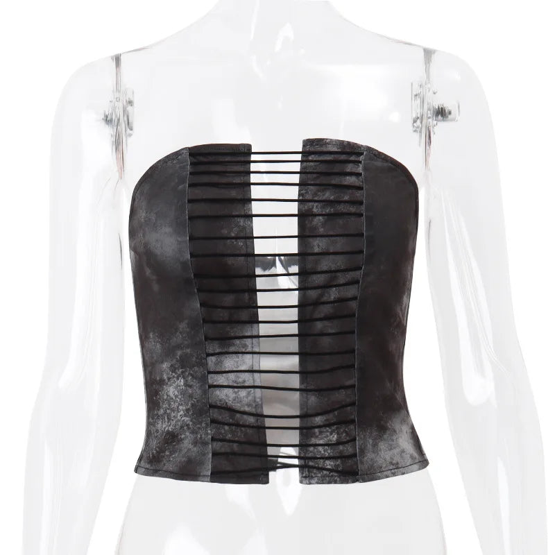 GothDark Punk Grunge Strapless Tight Tupe Tops Women Summer Retro Cropped Vest 90S Sexy Hollow Out Tanks Top Gothic Alt Clothes