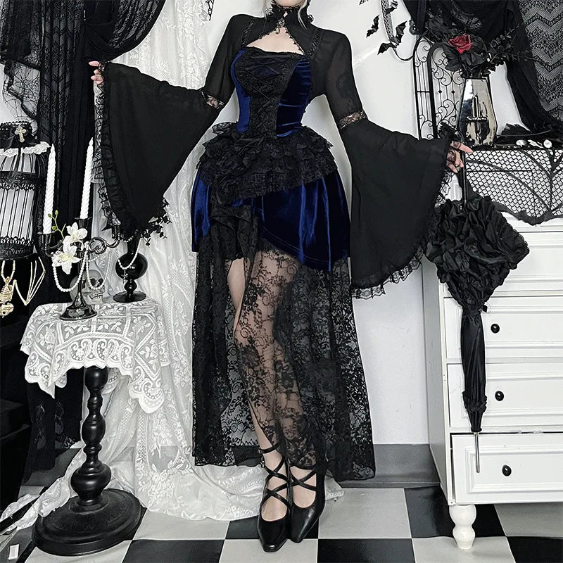 GothDark Batwing Sleeve Lace Mesh See through Crop Shrug Tops Short Cape Coats Mall Gothic Women Slim Shawl Rrash Guard Cosplay