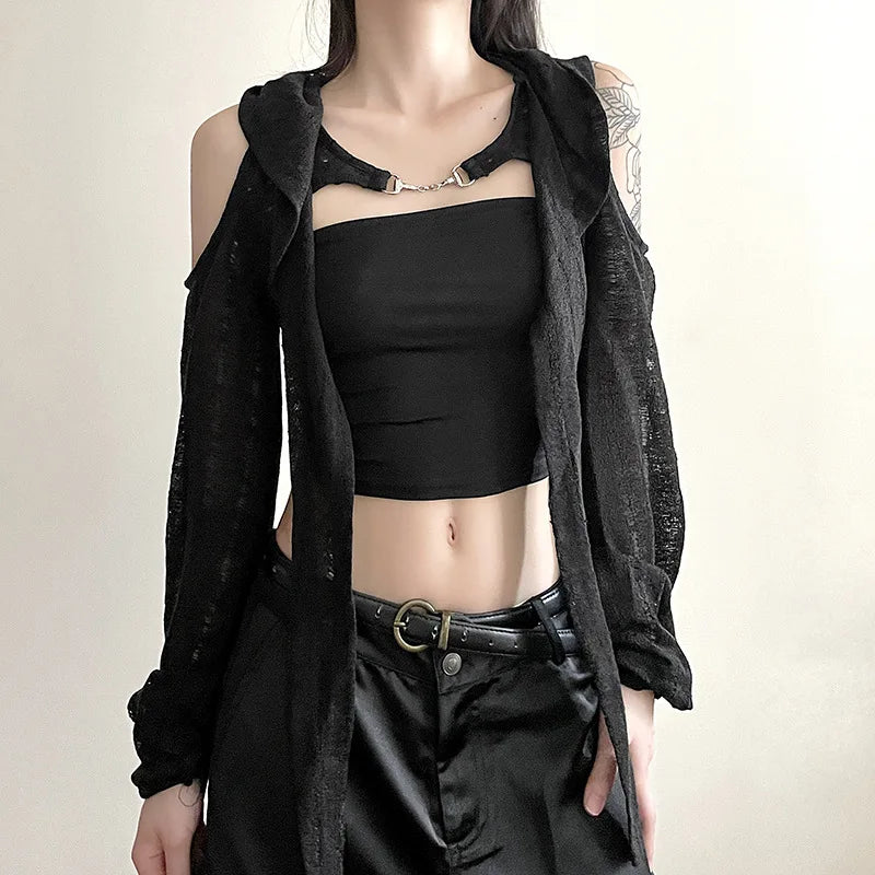 GothDark Open Shoulder Techwear Y2K Crop Cardigans Mall Gothic Hooded Sexy Women Crop Tops Punk Grunge Buckle Streetwear Shirts