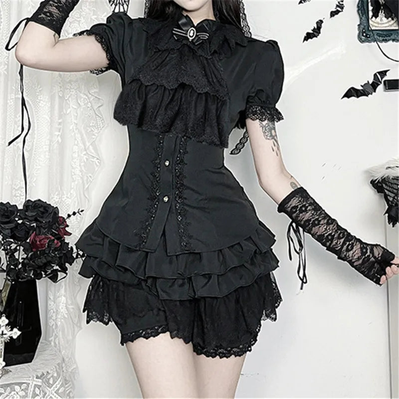GothDark Harajuku Fashion Short Sleeve Lace Patchwork Shirts Women Alt Techwear Mall Gothic Button Slim Blouse Shirt Cute Tops