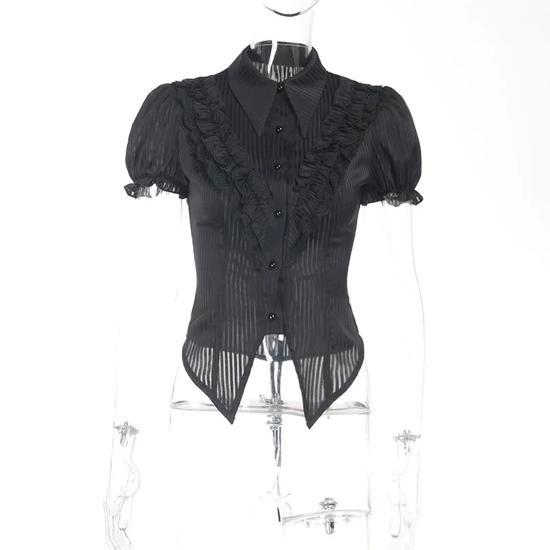 GothDark Kawaii Black Short Sleeve Buttons Shirt Lace-Up Blouses Mall Gothic Slim Lapel Collar Stripe Shirts Women Alt Techwear