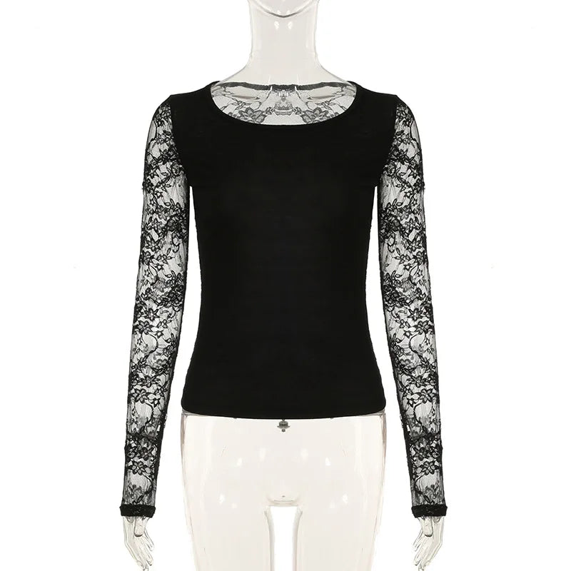 GothDark Mall Goth Solid Lace Patchwork Long Sleeve T-Shirts Cyber Y2K O-Neck Sheer Back Slim Tops Women Techwear Basic T-Shirt