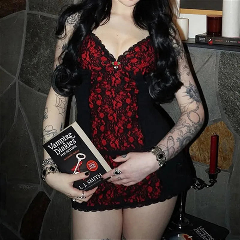 GothDark Mall Gothic Spaghetti Strap Tanks Top Hot Sexy V-Neck Lace Patchwork Camisole Basic Slim Vests Summer Techwear Women