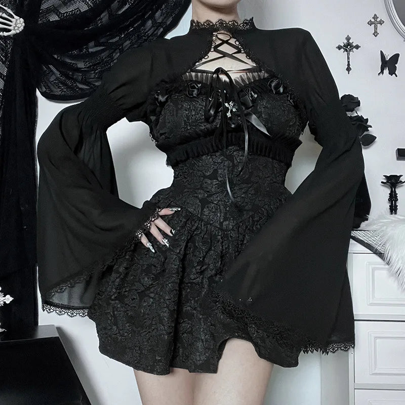 GothDark Elegant Lace up Mall Gothic Crop Shrug Tops Grunge Chiffon Flare Sleeve Blouses Female Black Emo Alternative Cover Up
