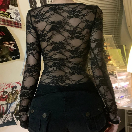 GothDark Mall Goth Solid Lace Patchwork Long Sleeve T-Shirts Cyber Y2K O-Neck Sheer Back Slim Tops Women Techwear Basic T-Shirt