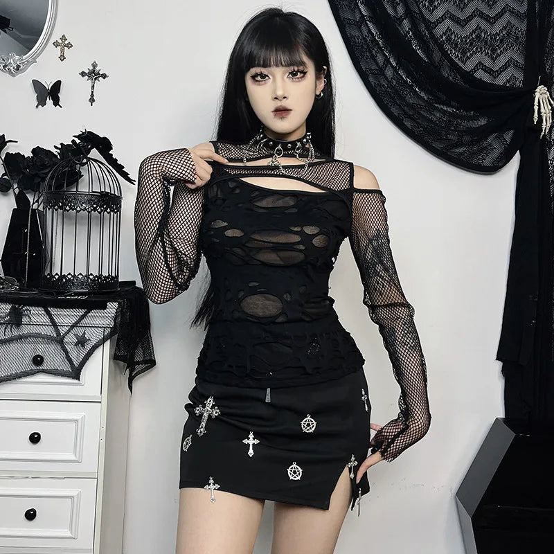 GothDark Frayed Mall Gothic Hollow Out T-Shirts Grunge Punk Fishnet Patchwork Women Blouses Sexy Long Sleeve Alt Streetwear Top
