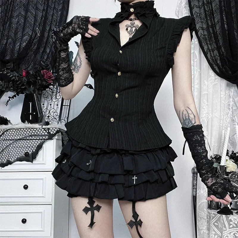 GothDark 90S Grunge Single Breasted Slim Waist Shirt Blouses Women Alt Techwear Mall Gothic Stringy Selvedge Sleeveless Shirts