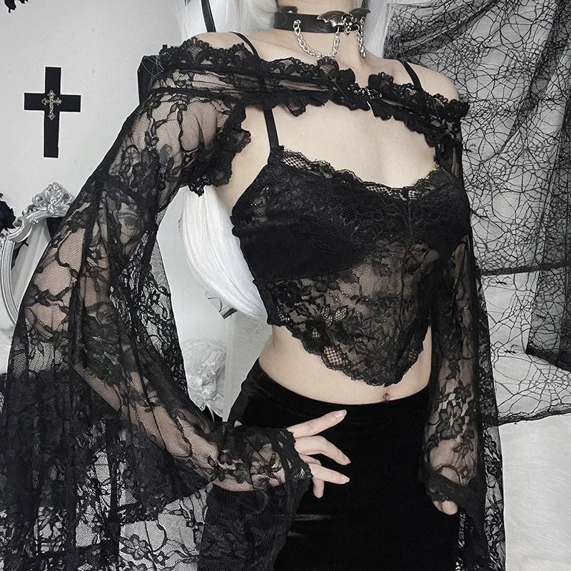 GothDark Lace Transparent Elegant Button Crop Blouse Mall Gothic Sexy Flare Sleeve Shrug Tops Fairy Flower Alt Sheer Smock Coat