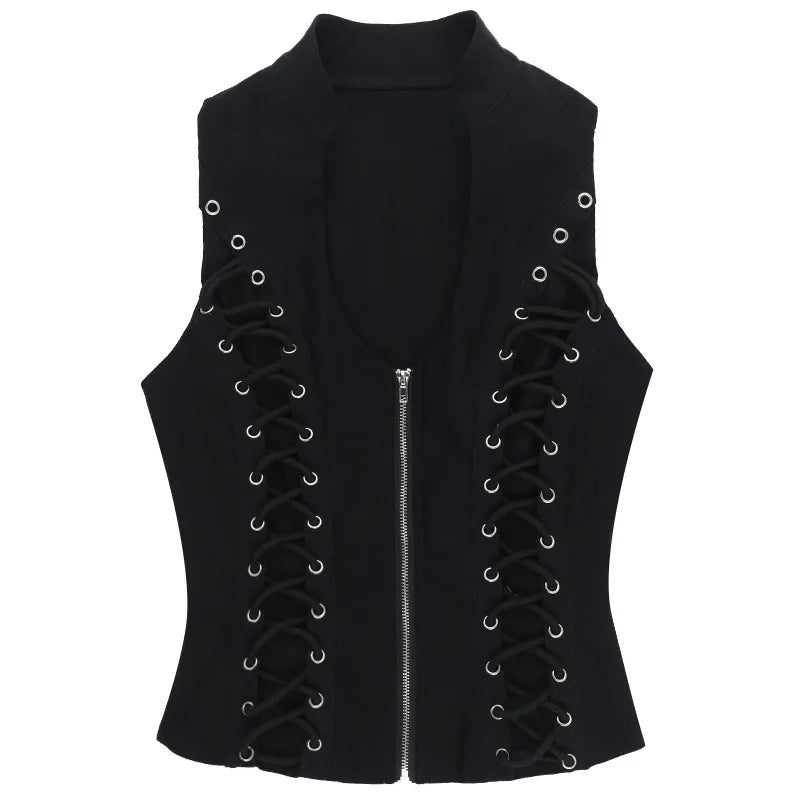 GothDark Punk Sleeveless Corn Bandage Tanks Top Women Chic Streetwear Slim Zip Vest Mall Gothic Techwear Summer Fashion T-Shirt
