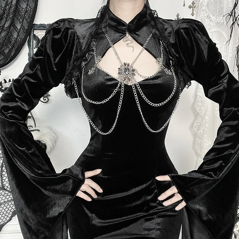 GothDark Flare Sleeve Lace up Crop Shrug Tops Elegant Velvet Chain Short Smock Coats Mall Gothic Women Slim Blouse Streetwear