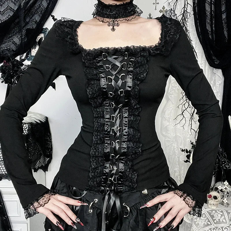 GothDark Elegant Fashion Lace Side Patchwork Long Sleeve Tops T-Shirts Mall Gothic Bandage Blouse Slim T-Shirt Women Techwear