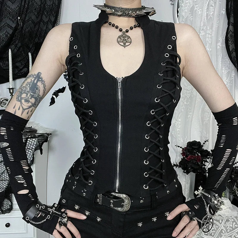 GothDark Punk Sleeveless Corn Bandage Tanks Top Women Chic Streetwear Slim Zip Vest Mall Gothic Techwear Summer Fashion T-Shirt