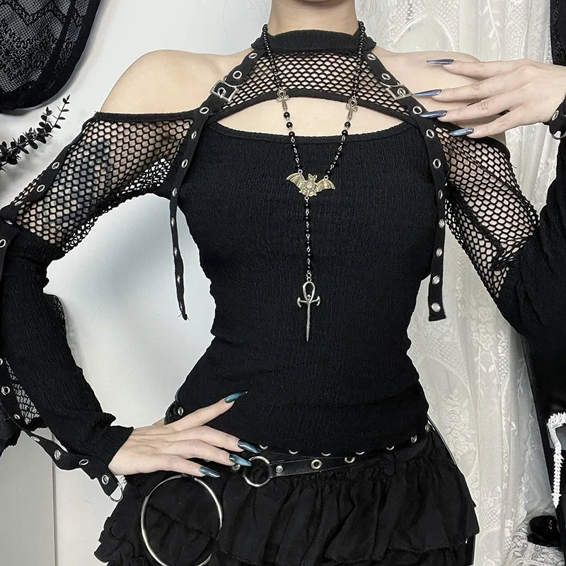GothDark Punk Grunge Fishnet Patchwork off Shoulder T-Shirts Trim Corn Strap Halter Tops Autumn Mall Gothic Streetwear T-Shirt