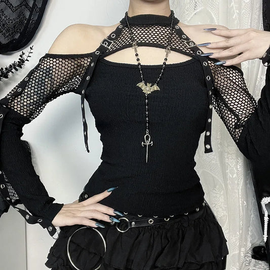 GothDark Punk Grunge Fishnet Patchwork off Shoulder T-Shirts Trim Corn Strap Halter Tops Autumn Mall Gothic Streetwear T-Shirt